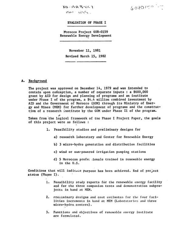 Renewable energy development, evaluation of phase I