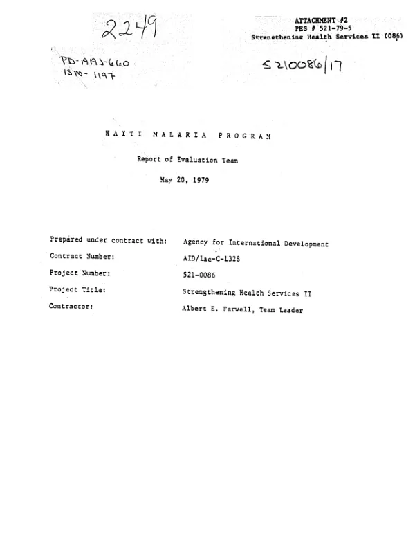 Haiti malaria program; report of evaluation team, 5/20/79
