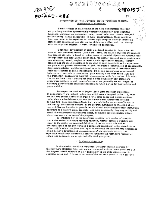 Evaluation of the mothers home teaching program - introduction and background