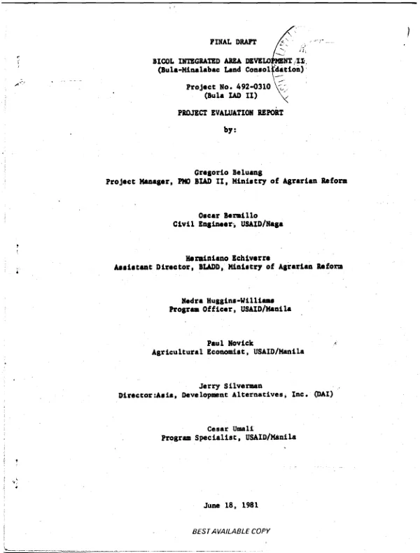 Bicol integrated area development II; final draft
