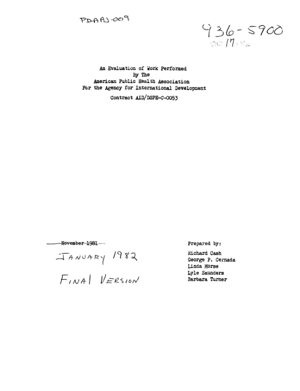 Evaluation of work performed by the American Public Health Association for the Agency for International Development