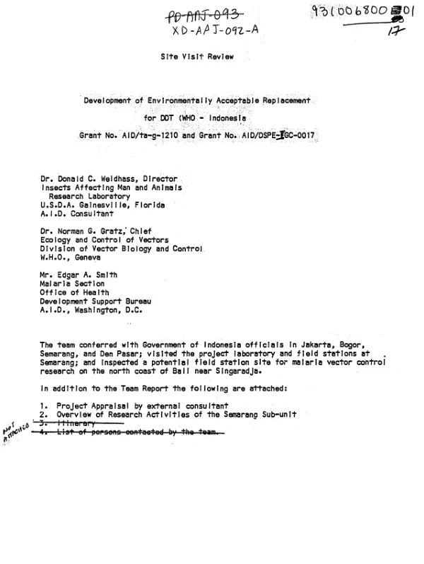Development of environmentally acceptable replacement for DDT; site visit review