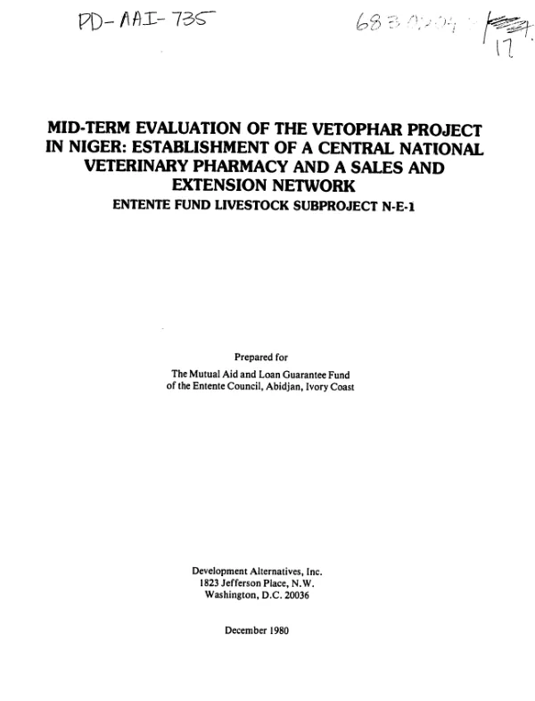 Mid-term evaluation of the vetophar project in Niger : establishment of a central national veterinary pharmacy and a sales and extension network