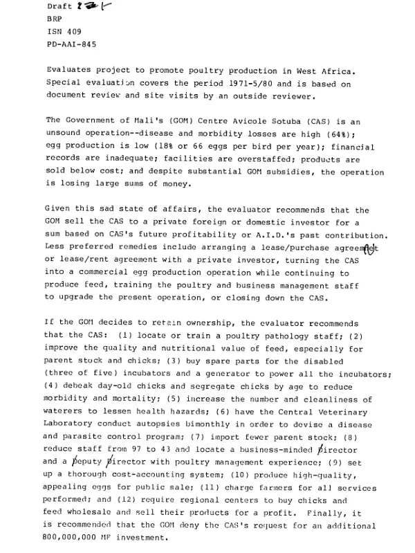 Regional West African poultry project : an assessment, April-May 1980