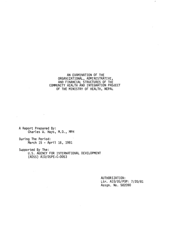 Examination of the organizational, administrative, and financial structures of the community health and integration project of the Ministry of Health, Nepal