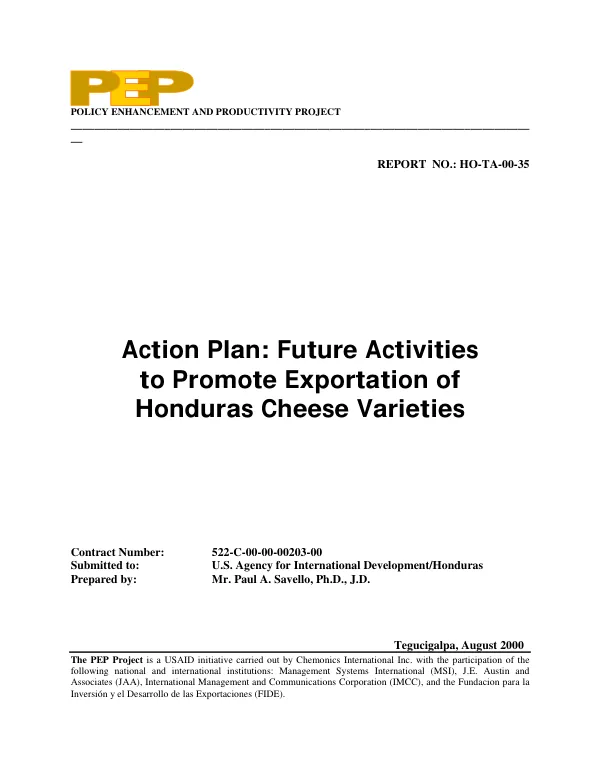 Action plan : future activities to promote exportation of Honduras cheese varieties