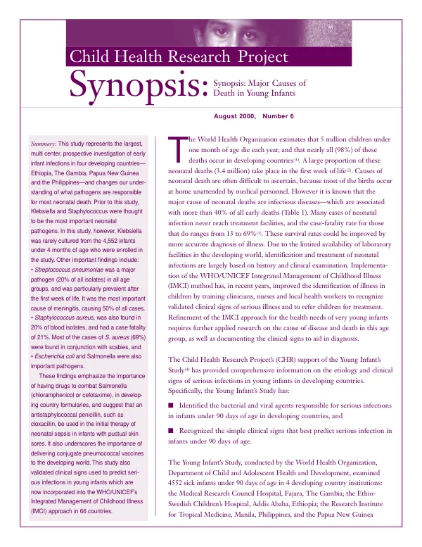 Synopsis : major causes of death in young infants
