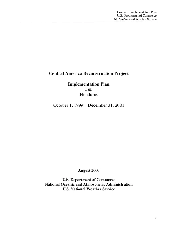Central America reconstruction project : implementation plan for Honduras -- October 1, 1999-December 31, 2001