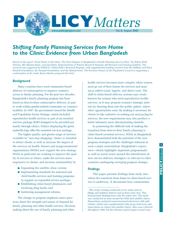 Shifting family planning services from home to the clinic : evidence from urban Bangladesh