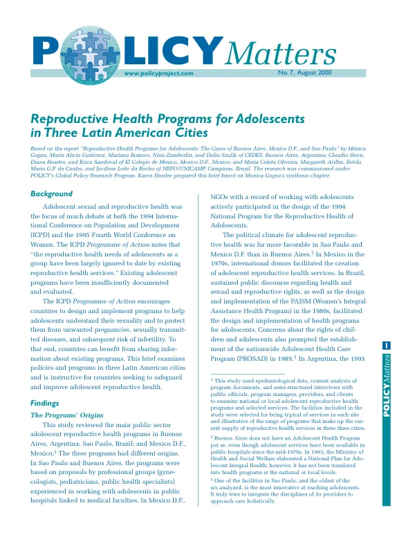 Reproductive health policies programs for adolescents in three Latin American cities