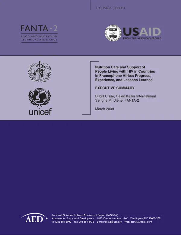 Nutrition care and support of people living with HIV in countries in Francophone Africa : progress, experience, and lessons learned -- executive summary