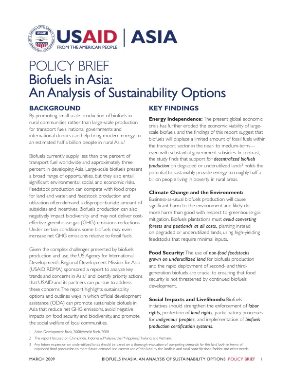 Biofuels in Asia : an analysis of sustainability options