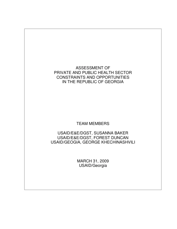 Assessment of private and public health sector constraints and opportunities in the Republic of Georgia
