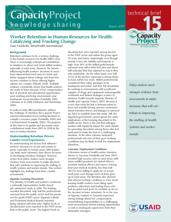 Worker retention in human resources for health : catalyzing and tracking change