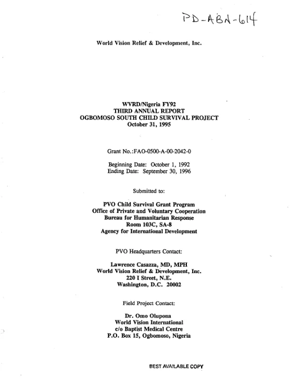 WVRD/Nigeria FY 92 : third annual report -- Ogbomoso South child survival project