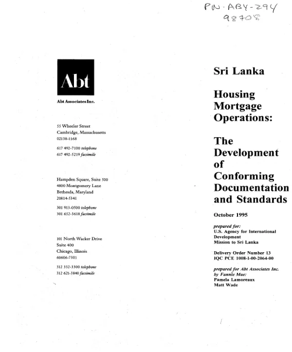 Sri Lanka housing mortgage operations : the development of conforming documentation and standards