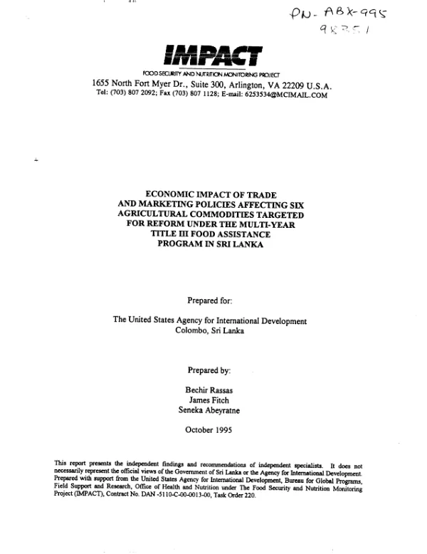 Economic impact of trade and marketing policies affecting six agricultural commodities targeted for reform under the multi-year Title III food assistance program in Sri Lanka