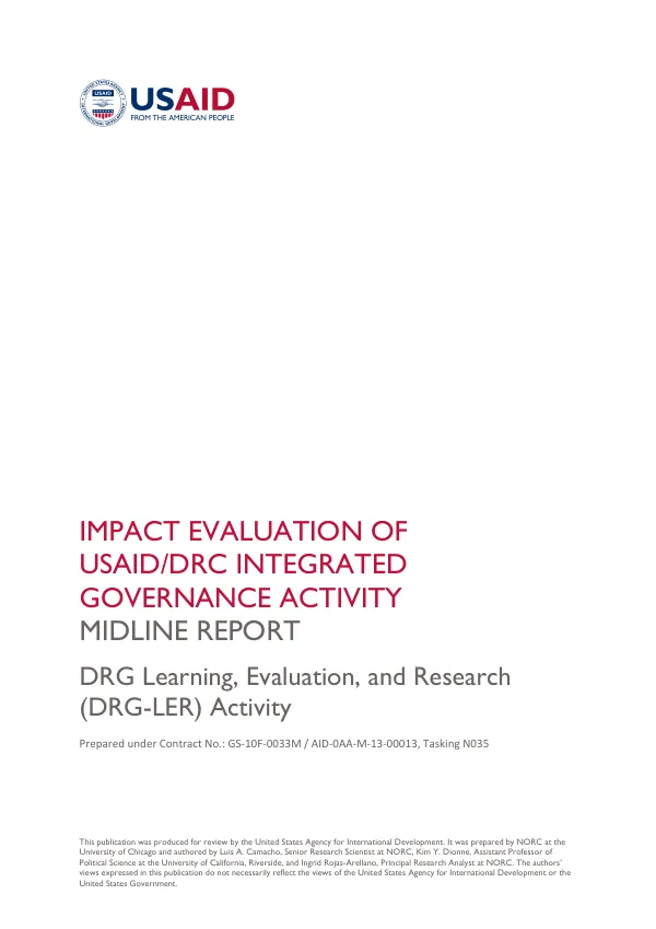 DRG learning, evaluation, and research activity : impact evaluation of USAID/DRC integrated governance activity : midline report