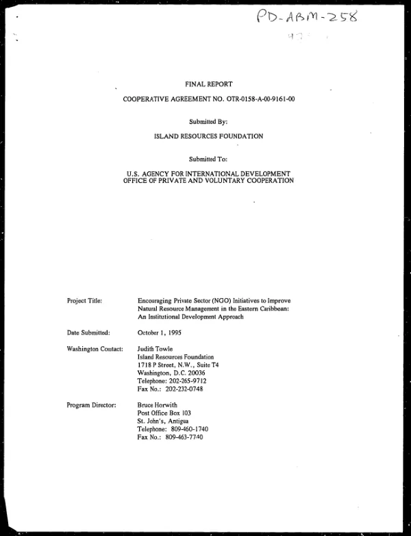 Final report : cooperative agreement no. OTR-0158-A-00-9161-00 [-- Island Resources Foundation]
