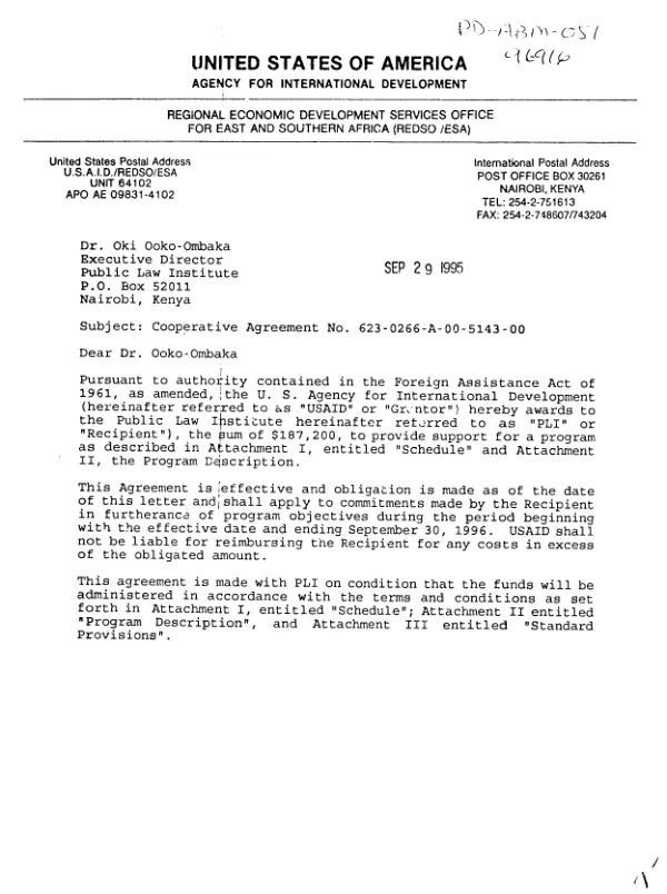 AID cooperative agreement no. 623-0266-A-00-5143-00 with the Public Law Institute for a six week seminar on democratization in Kenya
