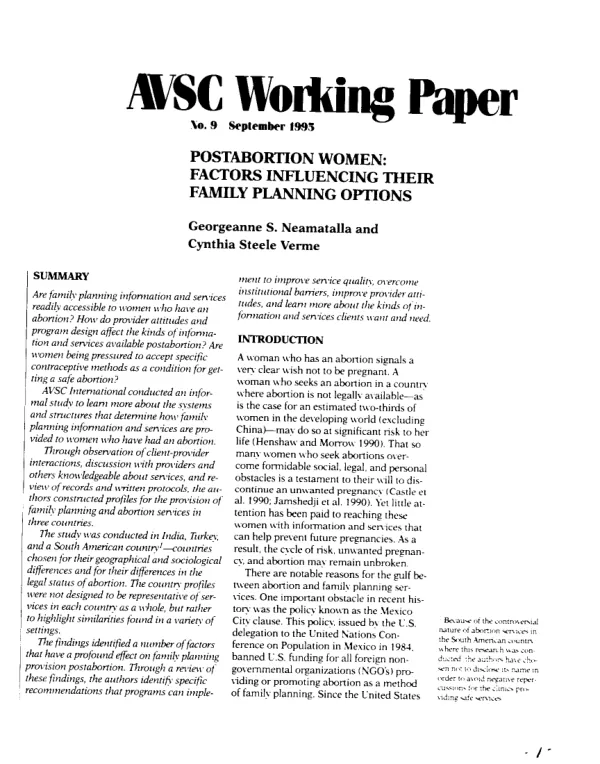 Postabortion women : factors influencing their family planning options
