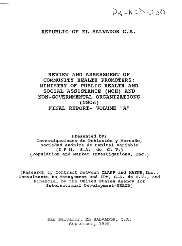 Review and assessment of community health promoters : Ministry of Public Health and Social Assistance (MOH) and non-governmental organizations (NGOs) -- final report