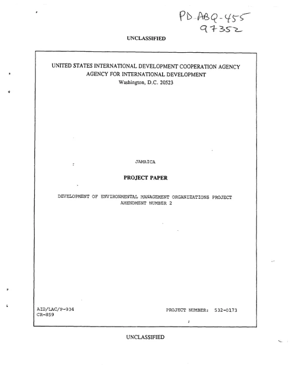 Jamaica project paper : development of environmental management organizations (DEMO) project amendment no. 2