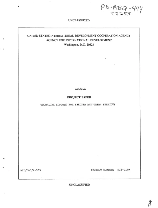 Jamaica project paper : technical support for shelter and urban services amendment no. 1