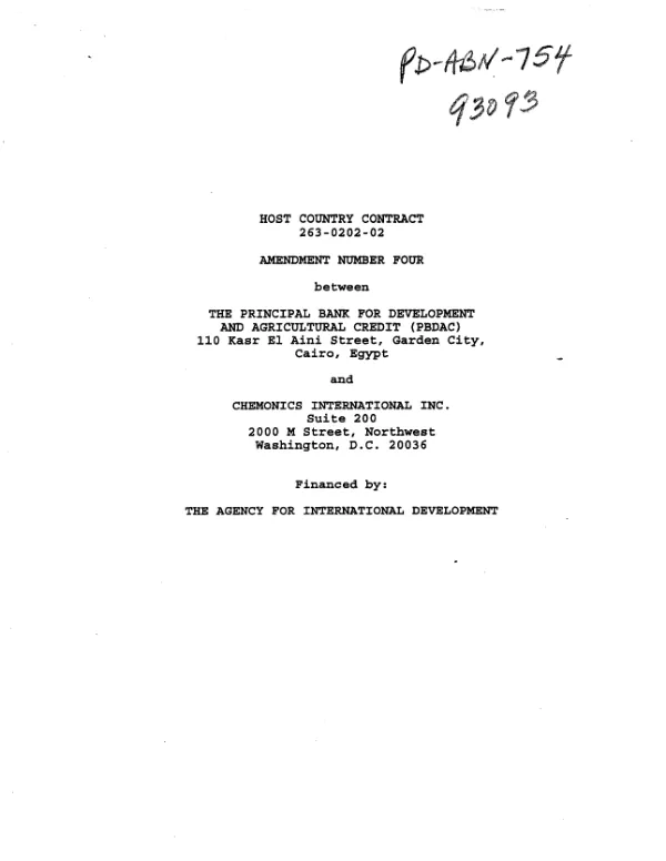 Host country contract 263-0202-02, amendment number four between the Principal Bank for Development and Agricultural Credit (PBDAC) and Chemonics Industries, Inc.