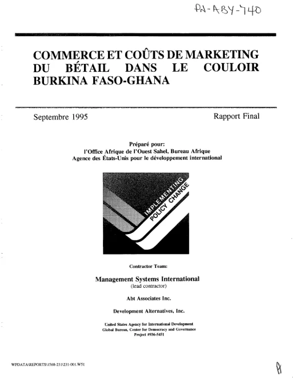 Commerce et couts de marketing du betail dans le couloir Burkina Faso - Ghana -- rapport final