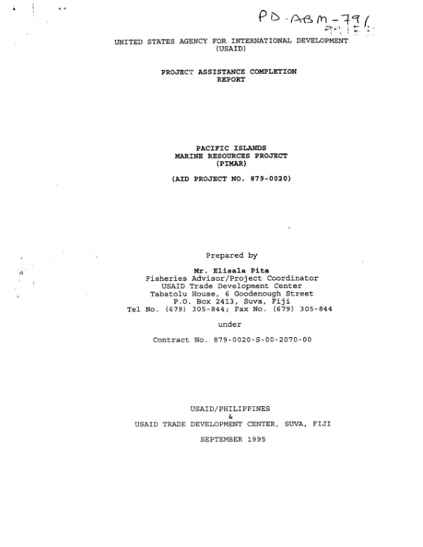 Project assistance completion report : Pacific Islands marine resources project (PIMAR)