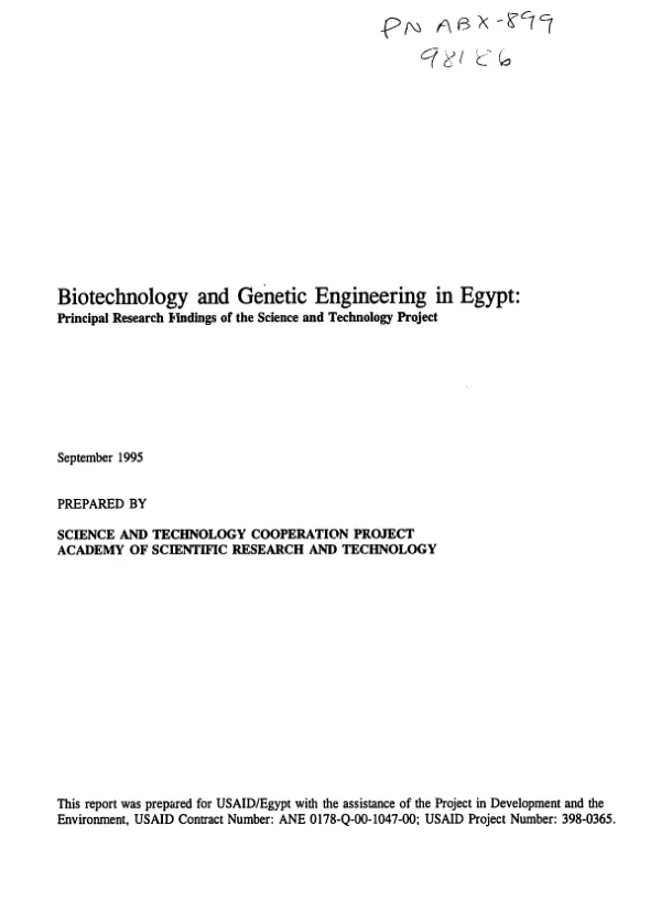 Biotechnology and genetic engineering in Egypt : principal research findings of the science and technology project