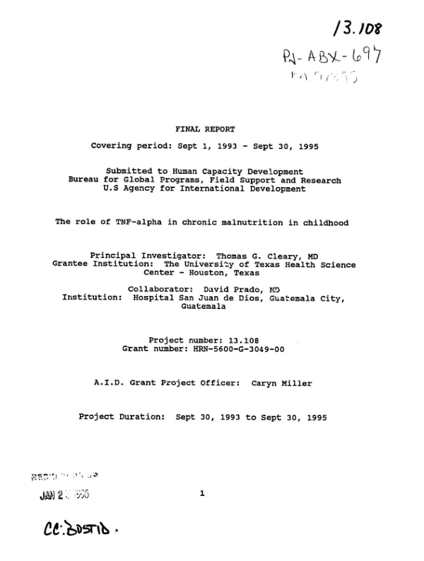 Final report covering period Sept 1, 1993-Sept 30, 1995 : the role of TNF-alpha in chronic malnutrition in childhood