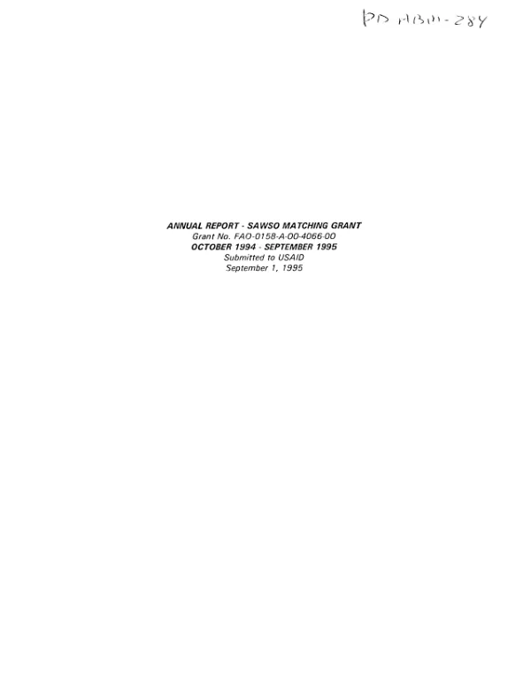 Annual report - SAWSO [Salvation Army World Organization] matching grant, grant no. FAO-0158-A-00-4066-00 : October 1994-September 1995