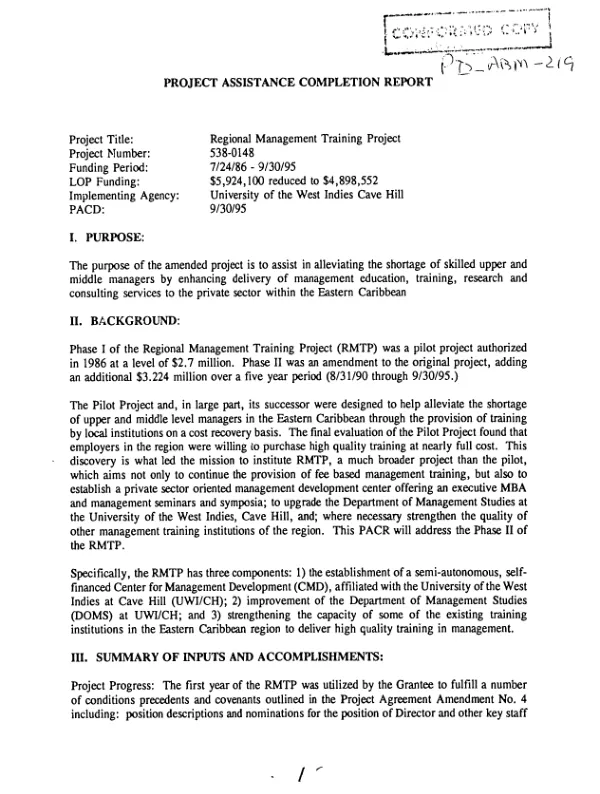 Project assistance completion report : regional management training project