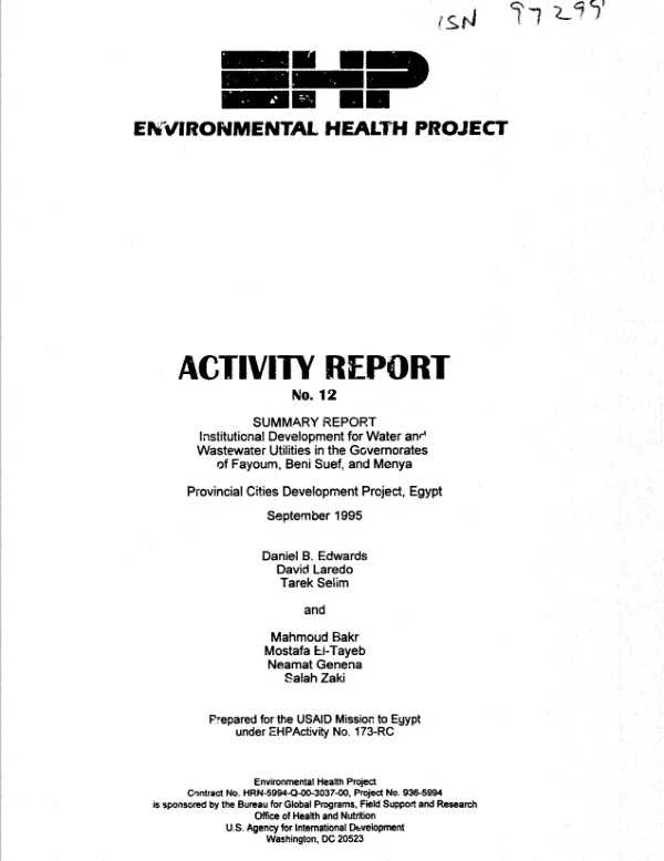 Summary report : institutional development for water and wastewater utilities in the Governorates of Fayoum, Beni Suef, and Menya : provincial cities development project, Egypt