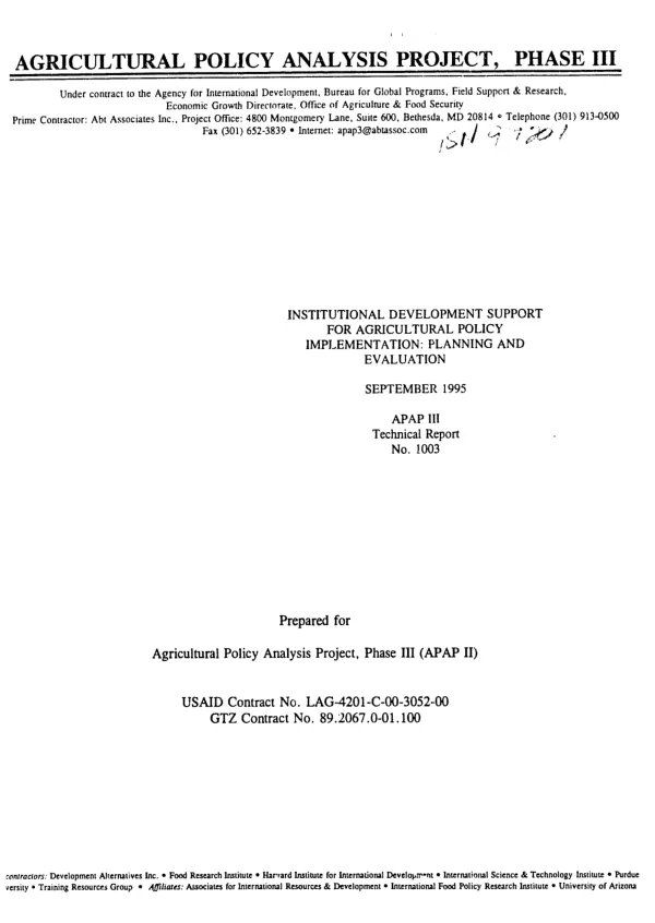 Institutional development support for agricultural policy implementation : planning and evaluation