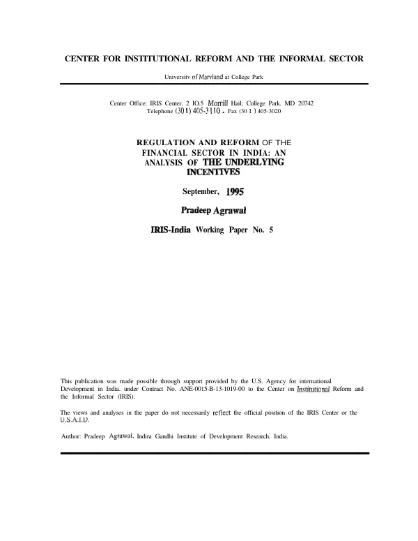Regulation and reform of the financial sector in India : an analysis of the underlying incentives