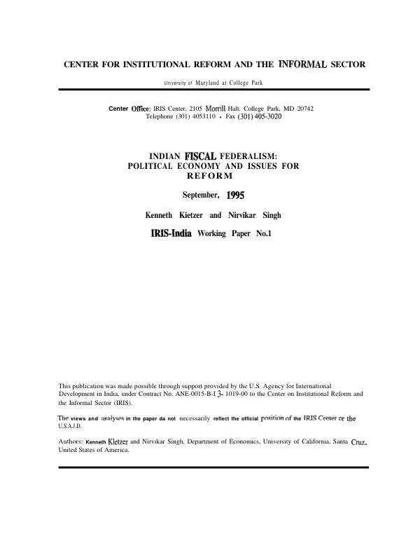 Indian fiscal federalism : political economy and issues for reform