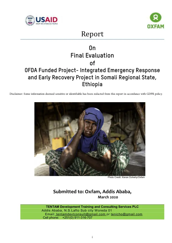 Report on final evaluation of OFDA-funded project integrated emergency response and early recovery project in Somali Regional State, Ethiopia