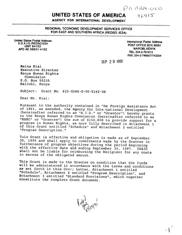 AID grant no. 623-0266-G-00-5142-00 to the Kenya Human Rights Commission for a program in human rights