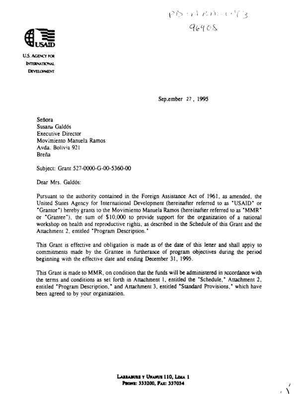 AID grant no. 527-0000-G-00-5360-00 to Movimiento Manuela Ramos to provide support for the organization of a national workshop on health and reproductive rights