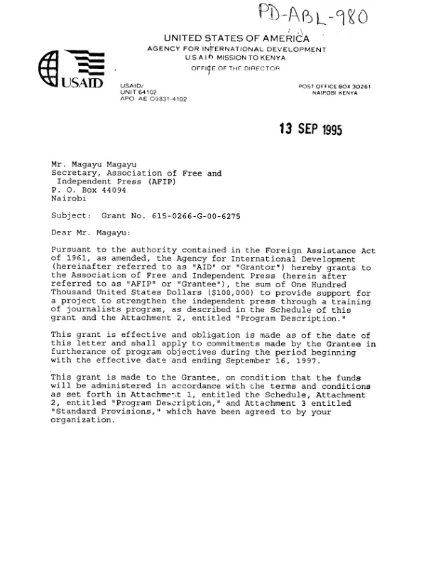 AID grant no. 615-0266-G-00-6275-00 to the Association of Free and Independent Press (AFIP) to strengthen the independent press through a journalist training program