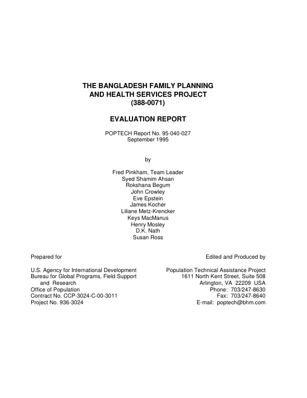 Bangladesh family planning and health services project (388-0071) : evaluation report