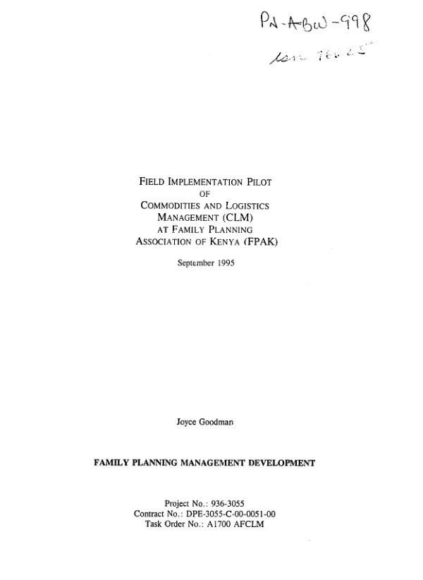 Field implementation pilot of commodities and logistics management (CLM) at Family Planning Association of Kenya (FPAK)
