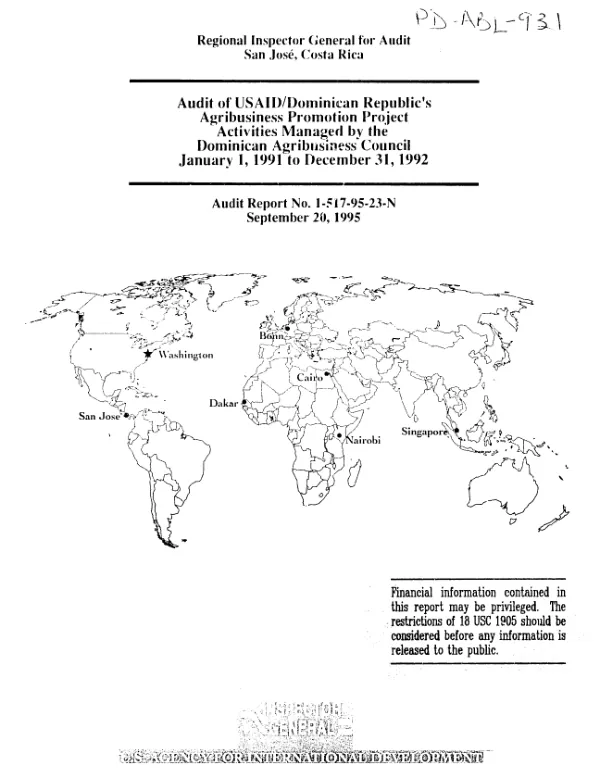 Audit of USAID/Dominican Republic"s agribusiness promotion project activities managed by the Dominican Agribusiness Council, January 1, 1991 to December 31, 1992