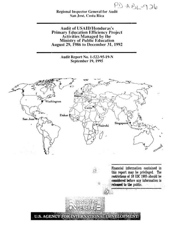 Audit of USAID/Honduras"s primary education efficiency project activities managed by the Ministry of Public Education, August 29, 1986 to December 31, 1992