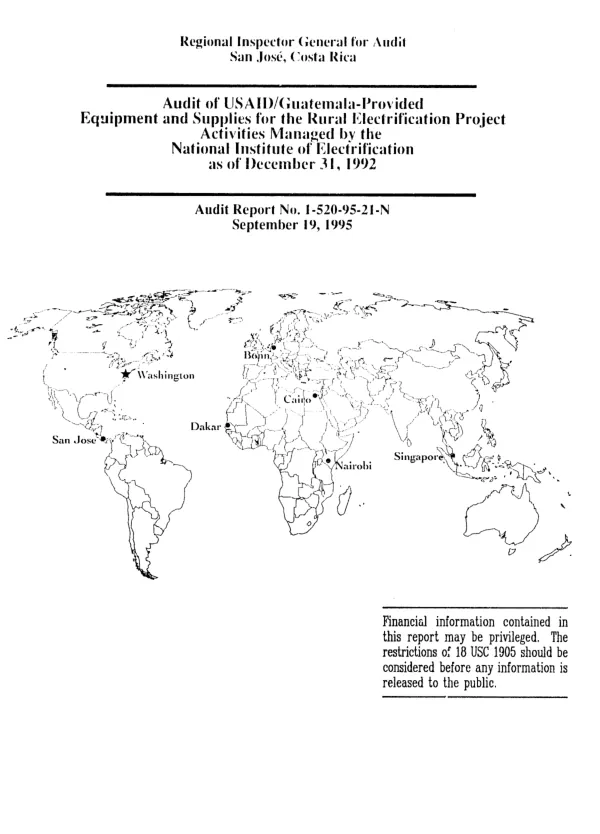 Audit of USAID/Guatemala provided equipment and supplies for the rural electrification project activities managed by the National Institute of Electrification as of December 31, 1992
