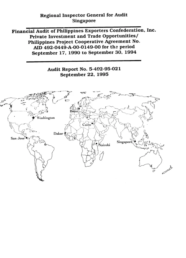 Audit of USAID/Philippines Exporters Confederation, Inc. private investment and trade opportunities/Philippines project cooperative agreement no. AID 492-0449-A-00-0149-00 for the period September 17, 1990 to September 30, 1994