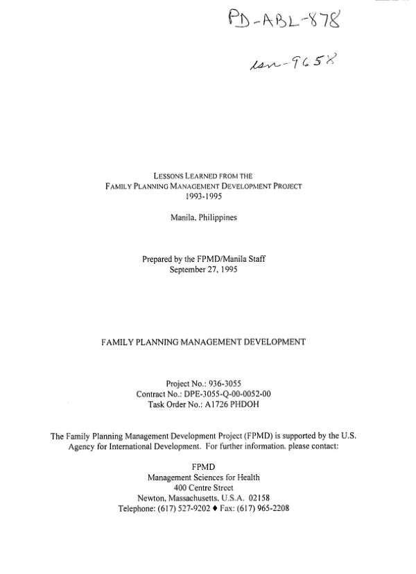 Lessons learned from the family planning management development project -- 1993-1995, Manila Philippines